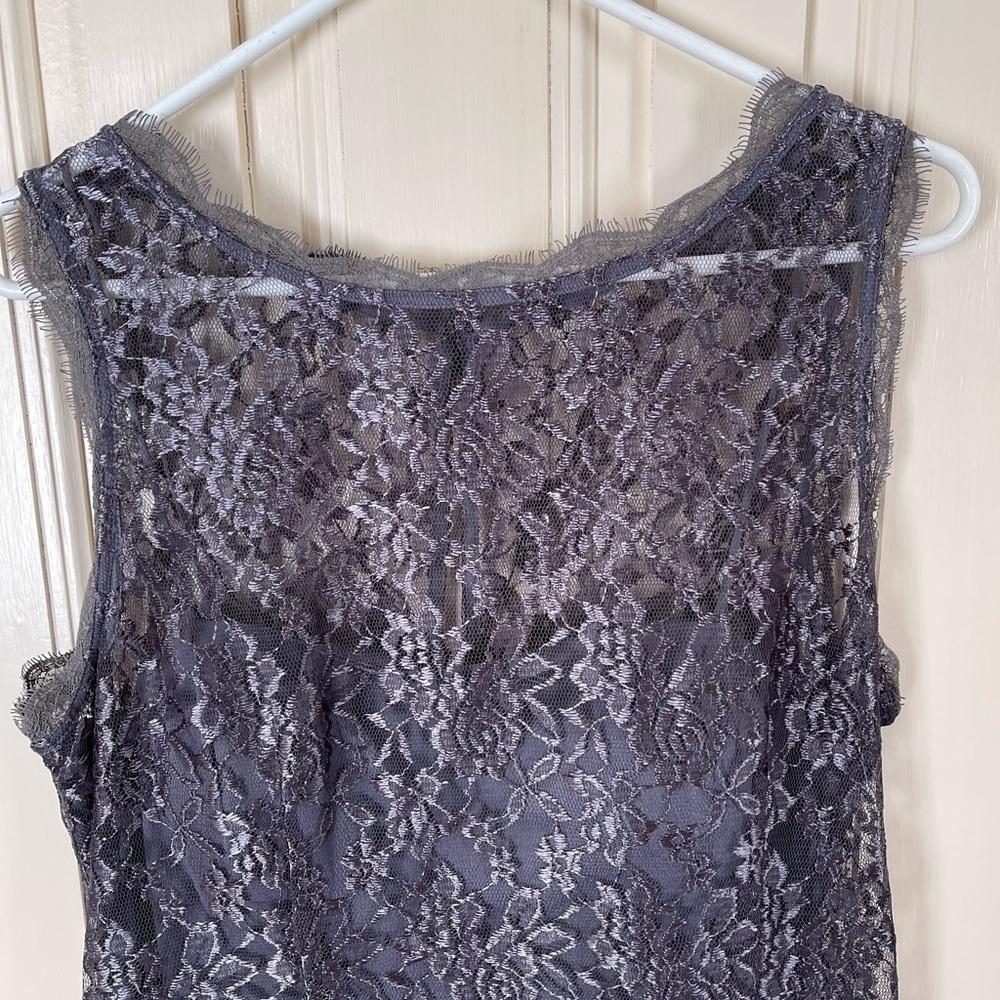 Stretch, gray lace knee length cocktail dress